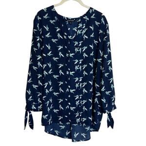 41 Hawthorn Womens Blouse XXL Navy Blue Hummingbird Print Tie Sleeve